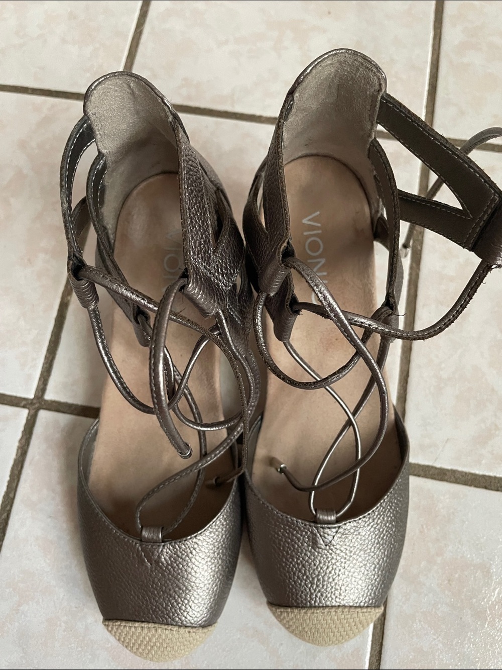 Vionic Metallic Pewter Lace-Up Espadrille Wedges